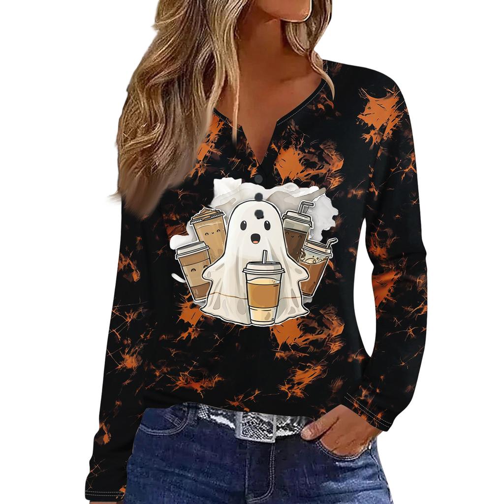 Women's Casual Long Sleeve T-Shirt with Halloween Print V-Neck and Button