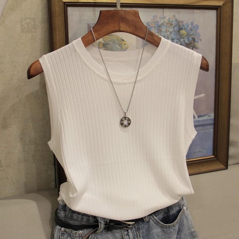 2024 sommer Ärmelloses Schwarz Weiß Gestrickte Tank Top Frauen Schlank Oansatz Stricken Tank Top Frauen Tops JJ01