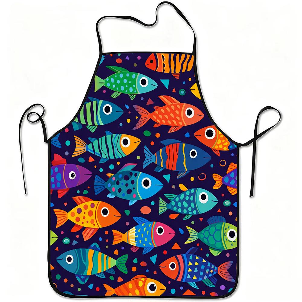 1pc Colorful Fish Ocean Print Apron with Adjustable Waistband & Suitable for Cooking, Gardening, Picking, Christmas, Halloween -