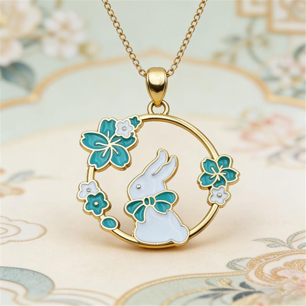 Cute Animal Female White Pink Blue Black Enamel Skeleton Flower Rabbit Pendant Necklace Gold Color Wedding Jewelry For Women
