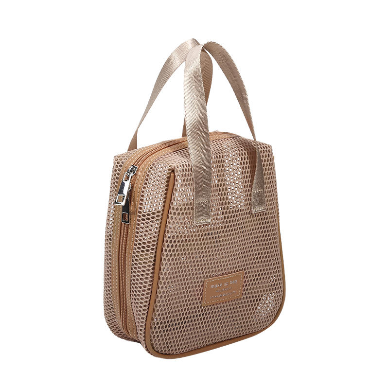 Portable Solid Color Mesh Cosmetic Bag Lightweight Space Saving Zipper Bags Large Capacity Travel Toiletry Storage Handbag