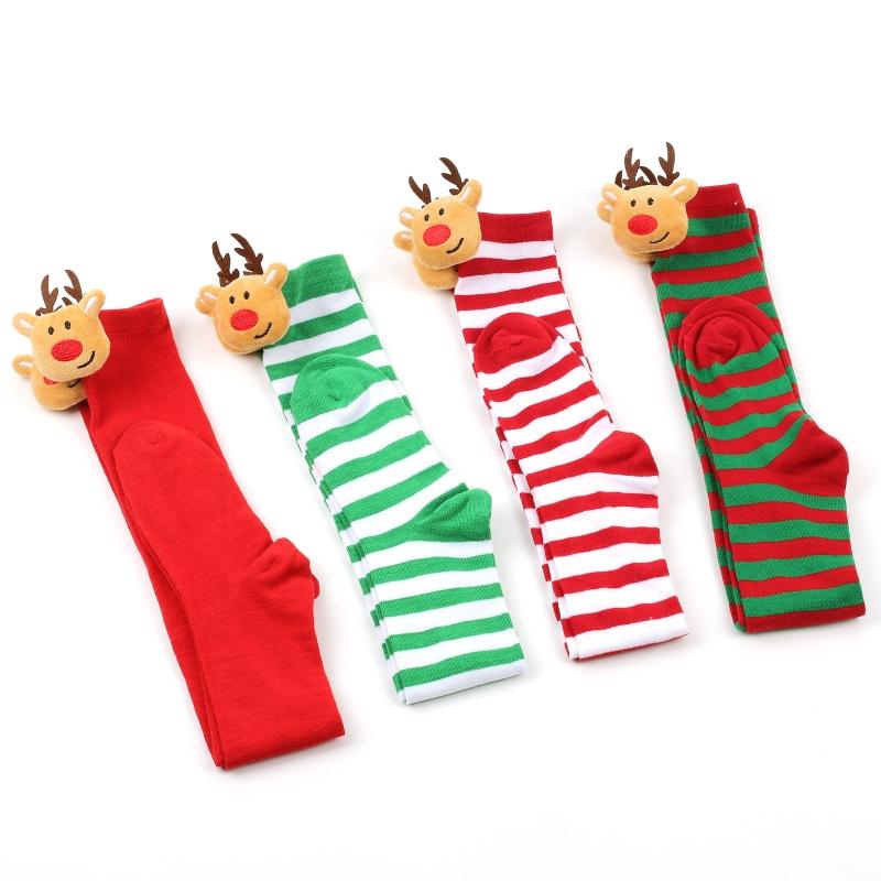 Damen Weihnachten Overknee Lange Socken Niedlich 3D Plüsch Hirsch Elch Gestreifter Druck Oberschenkelhohe Strümpfe Feiertagsparty Strumpfwaren