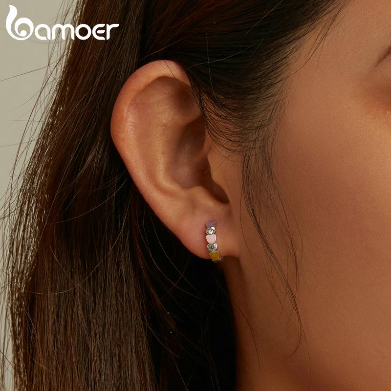 BAMOER 100% 925 Sterling Silver Rainbow Love Ring for Women Colored Stackable Heart Girl Ring Fine Jewelry Anillos Wedding Gift