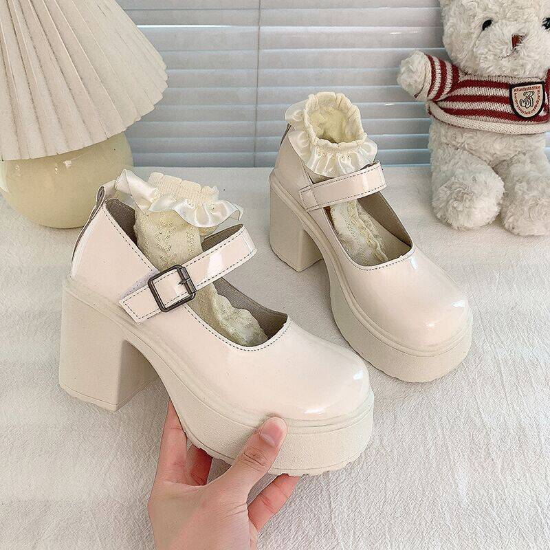 Fashion Women Cute Bowknot Mary Janes Shoes Spring Autumn Platform Fashion Round Toe Thick High Heel Belt Buckle Ladies Lolita Loafers