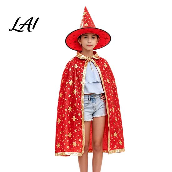 Mantello da Mago con Stampa di Stelle per Bambini con Cappello per Ragazzi Ragazze Costume da Strega per Halloween Mantello Accessorio per Feste Cosplay Vestito di Carnevale Servizio Fotografico