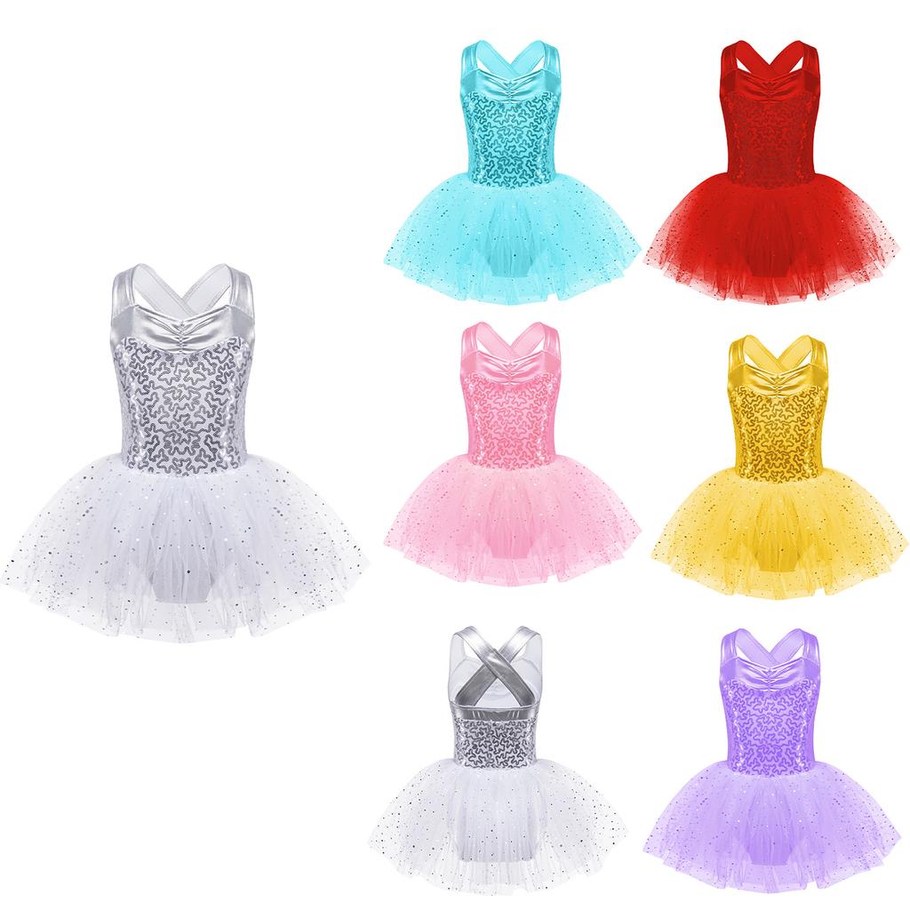 Girls Sleeveless Dance Dress with Shiny Sequins Crisscross Back and Tutu Mesh Skirt