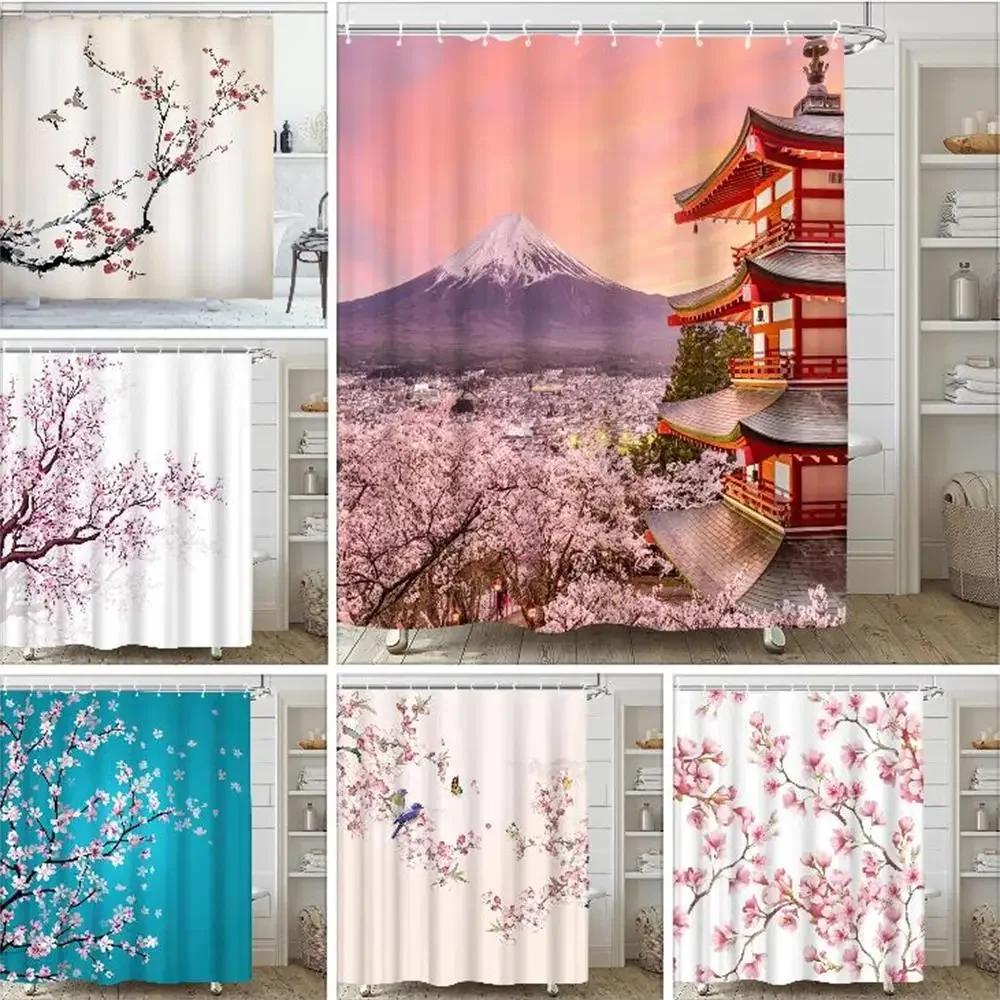 VIKAMA Pink Cherry Blossom Flower Shower Curtain - Cherry Blossom Style Country Bathroom Partition Curtain for Home Decoration