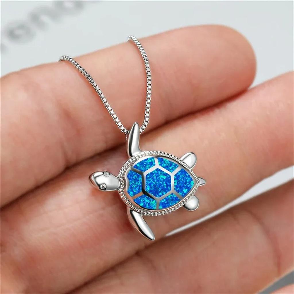Bohemia Charm Turtle Pendant Necklace For Women Inlay Crystal Blue Imitation Opal Necklace Jewelry Gift for Her