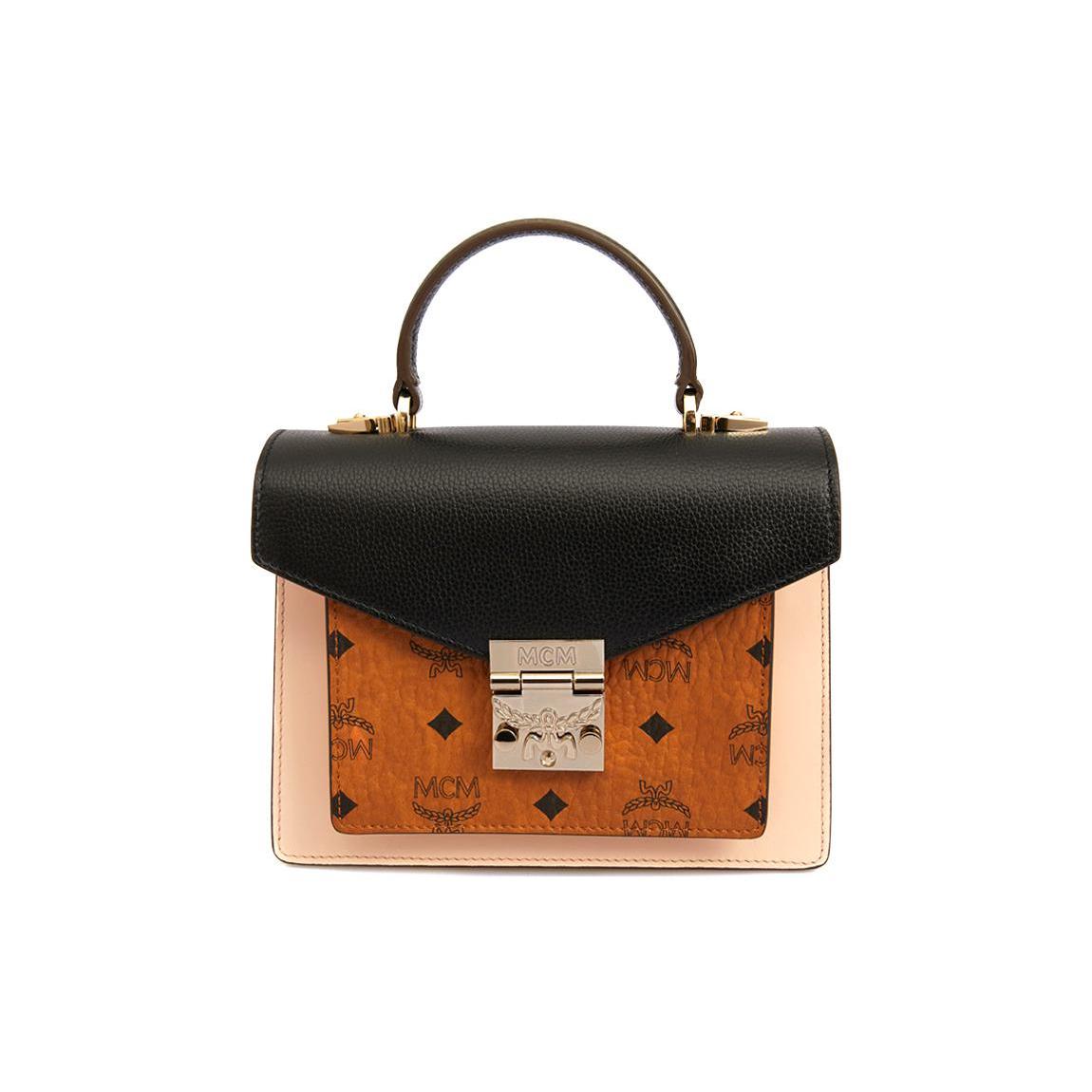 

New MCM Patricia Visetos Leather Satchel Bag Handbag Small Women s Black & Brown MWE9SPA26BK001 21.1*8.1*17.0CM