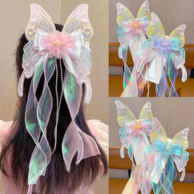 New Big Butterfly Bow Clip Ribbons Princess Style Hair Clip Long Tail Metal Spring Buckle Woven Hair Strap Girl
