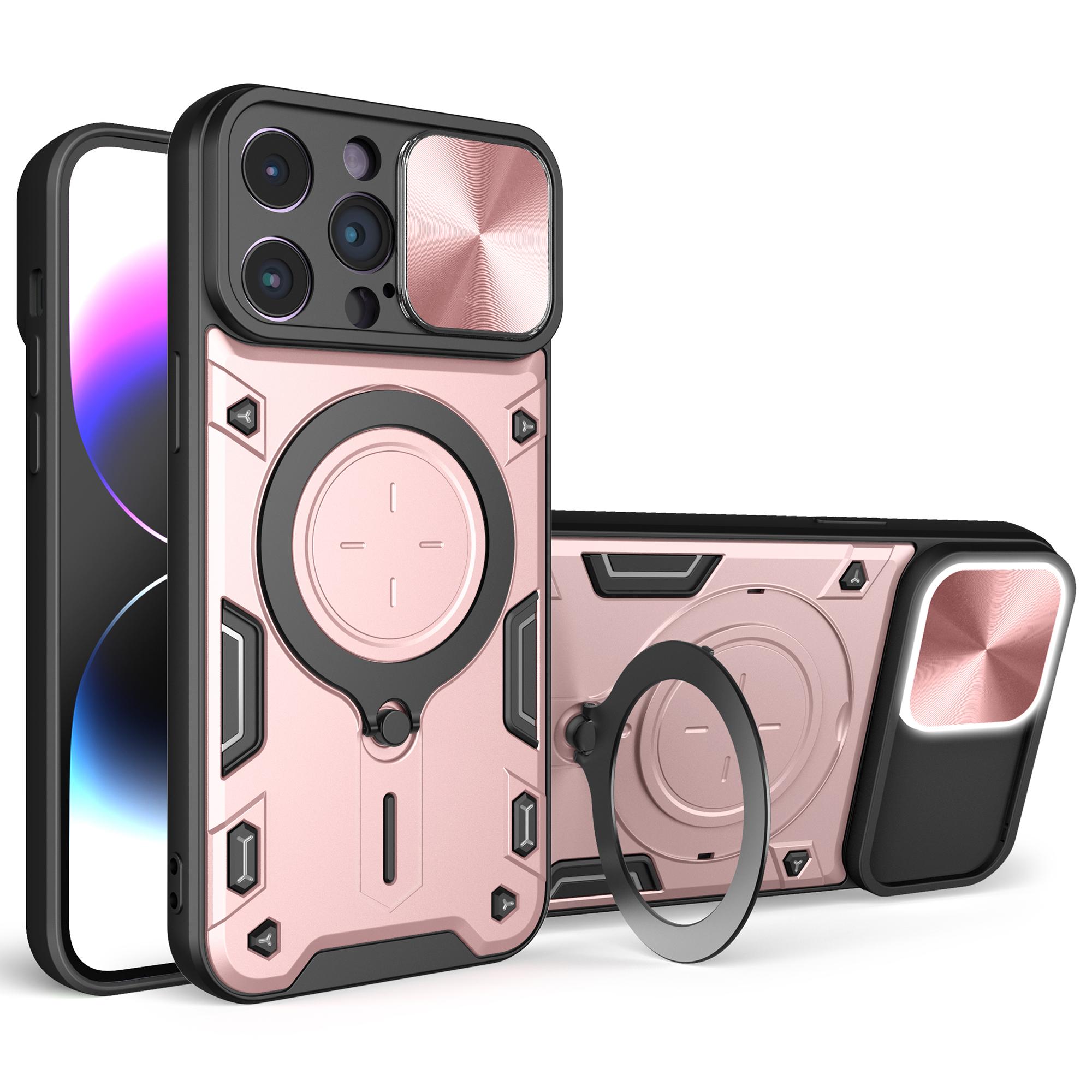

For iPhone 15 Pro Slide Camera Lid PC+TPU Back Cover Rotation Kickstand Phone Case Pink