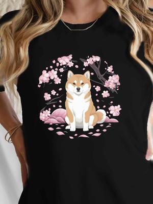 Shiba Inu Dog Cherry Blossom Print T-shirt