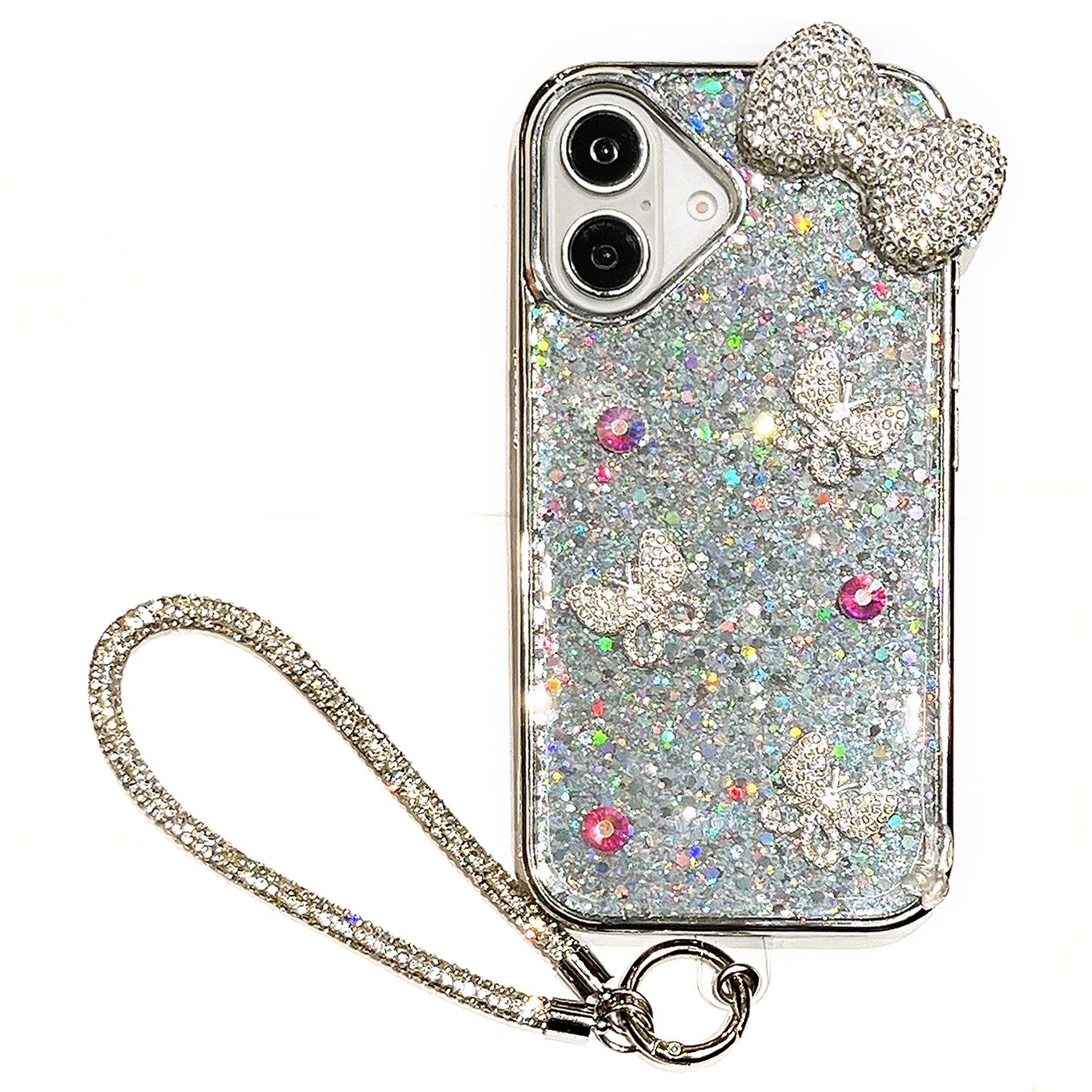 

Чехол для iPhone 16 с украшением в виде бантика из стразов, гибридная эпоксидная накладка для телефона со шнурком A