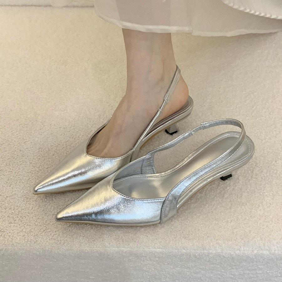 Niche high heels silver bag head sandals women's shoes spring temperament socialite style thin heels empty single shoes