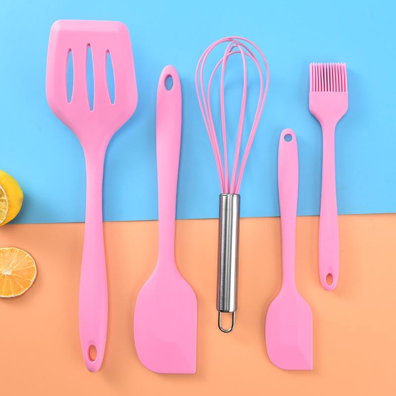 Five-Piece Silicone Kitchen Tool Set: Egg Beater, Scraper, Steak Frying Spatula, and Drain Spatula. Ideal for Baking and Cooking.