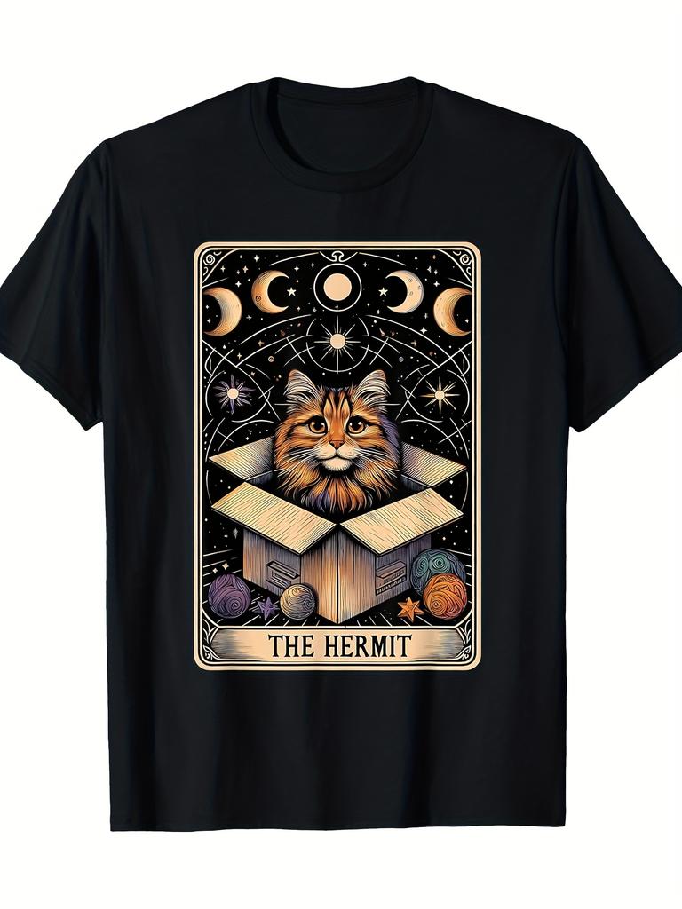 The Hermit Tarot Cat In A Box Graphic Tee Funny Mystic Celestial Print Casual Short Sleeve TShirt