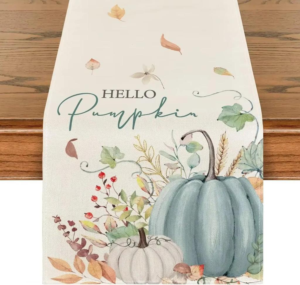 Autumn Thanksgiving Table Runner Linen Buffalo Plaid Pumpkins Mushrooms Dining Table Decoration Indoor Outdoor Tablecloth