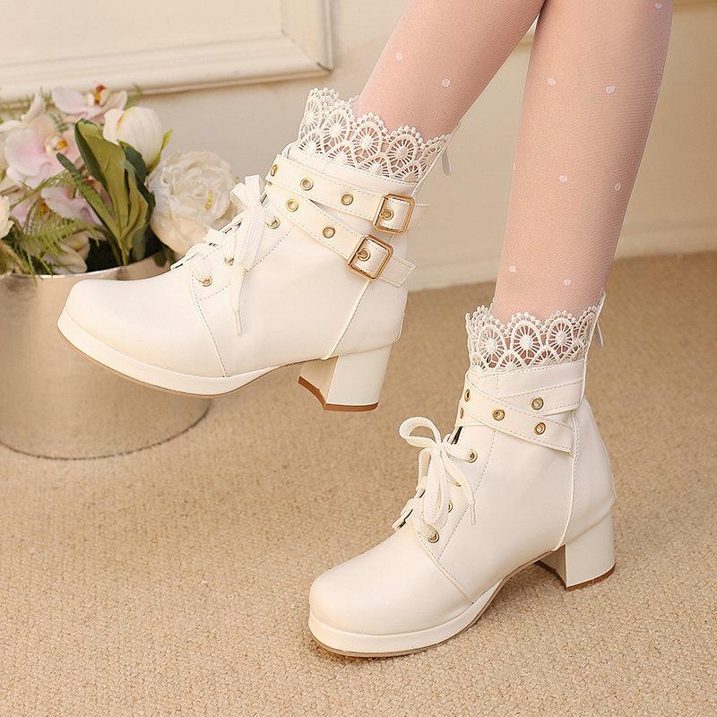  Short Boots Hollow Lace Belt Buckle LO Lolita Shoes Student Dress Short Boots and Ankle Boots