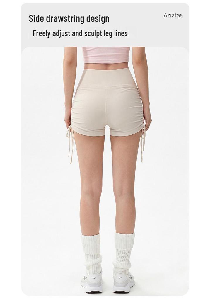 High-Waisted Quick-Dry Pleated Yoga Shorts: Butt-Lifting, Three-Quarter Length, with Drawstring for Running and Training