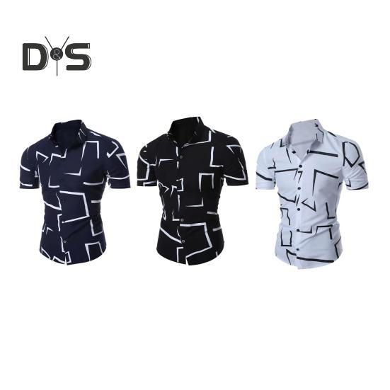 Summer Men Shirt Geometric Printing Single-breasted Short Sleeves Slim Fit Top Turn-down Collar Mid Length Contrast Color Shirt