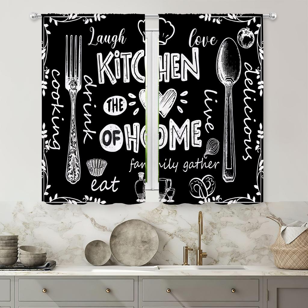 Retro Kreativer Druck Vorhang, Stangentasche, Küche, Esszimmer, Wohnzimmer, Dekoration, 2 Stück