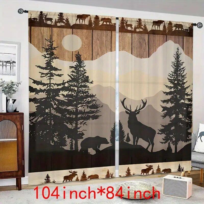 Simple Forest Animals Retro Bears Deer Printed Curtains Pole Bag Home Decoration Room Curtain Set Of 2 Made Polyester Washable