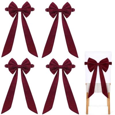 Velvet Christmas Red Chair Bows Elastic Ribbon Gift Bows Burgundy Chair Sashes Dining Chair Cover