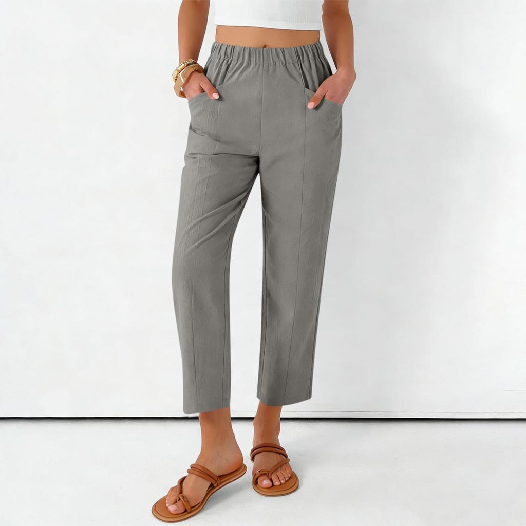 Women's Fashionable Loose-Fit Pocket Cotton-Linen Blend High-Waisted Wide-Leg Pants Casual Cropped Trousers