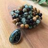 Natural 108 Beads Hand Knotted Mala Necklace,Smokey Quartz,Picture Jasper,African Turquoise,Kimbala Pendant,Healing Yoga Gift