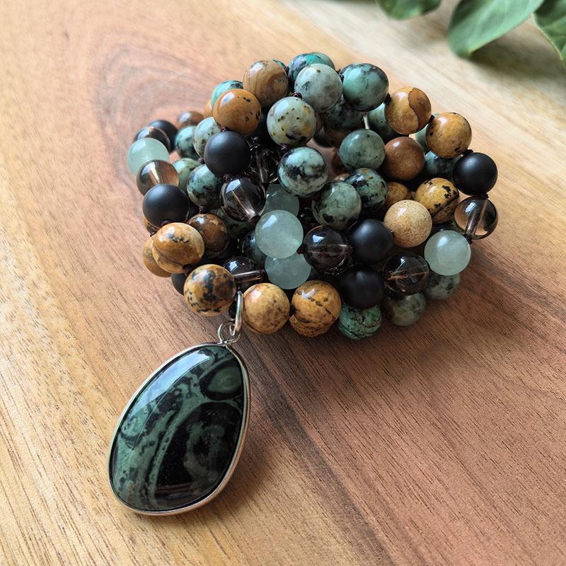 Natural 108 Beads Hand Knotted Mala Necklace,Smokey Quartz,Picture Jasper,African Turquoise,Kimbala Pendant,Healing Yoga Gift