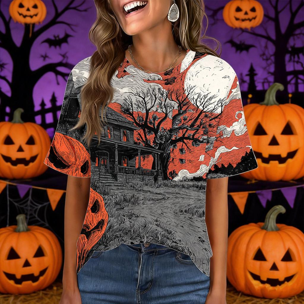Women's Casual Short Sleeve Pullover Top Halloween Print Round Neck Pocket Loose Fit Lightweight Shirt for Everyday Wear