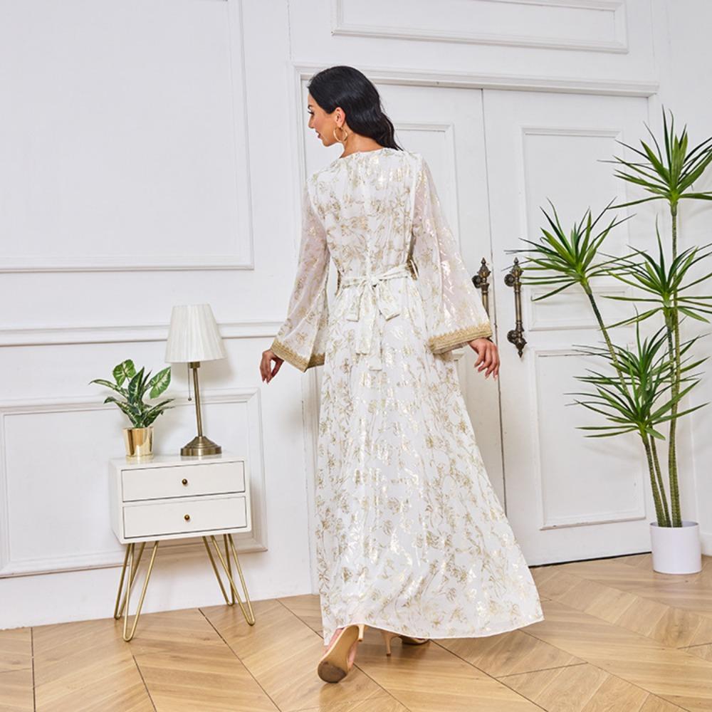 Women's Evening Gown: Stylish Long Dress Featuring Textured Floral Patterns and Gold Foil Accents