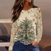 Women's Fashion Casual Slit Hem Round Neck Long Sleeve Loose Christmas Printed T-Shirt Ladies Top