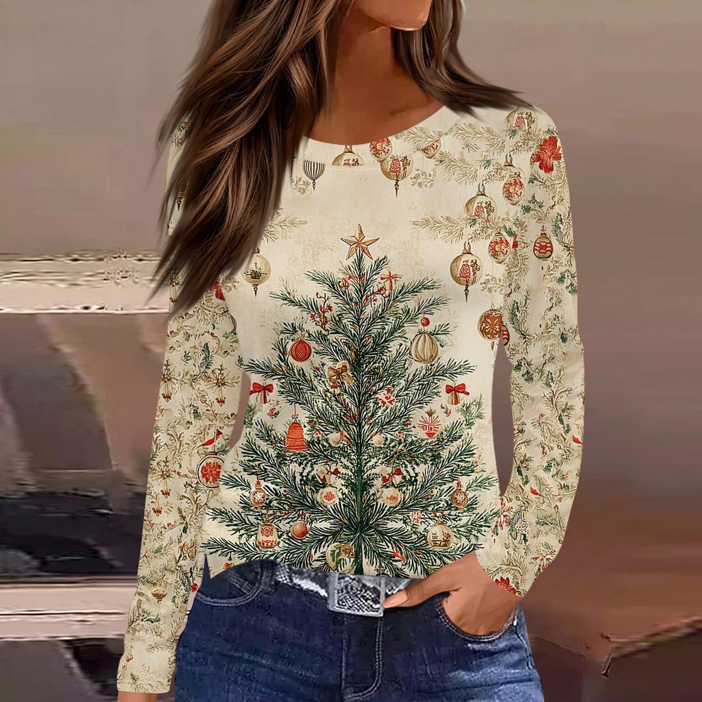 Women's Fashion Casual Slit Hem Round Neck Long Sleeve Loose Christmas Printed T-Shirt Ladies Top