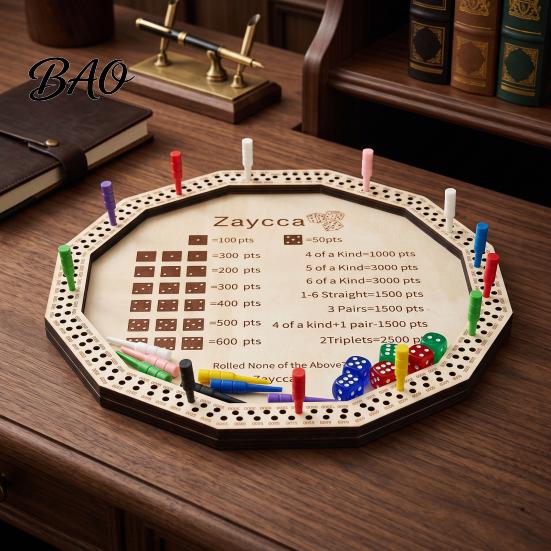 Dice Board Game Wooden Farkle Tray, with 6 Dice, 8 Colorful Pegs, Multi-player Interactive Tray Game, Classic Tabletop for Travel Family Night