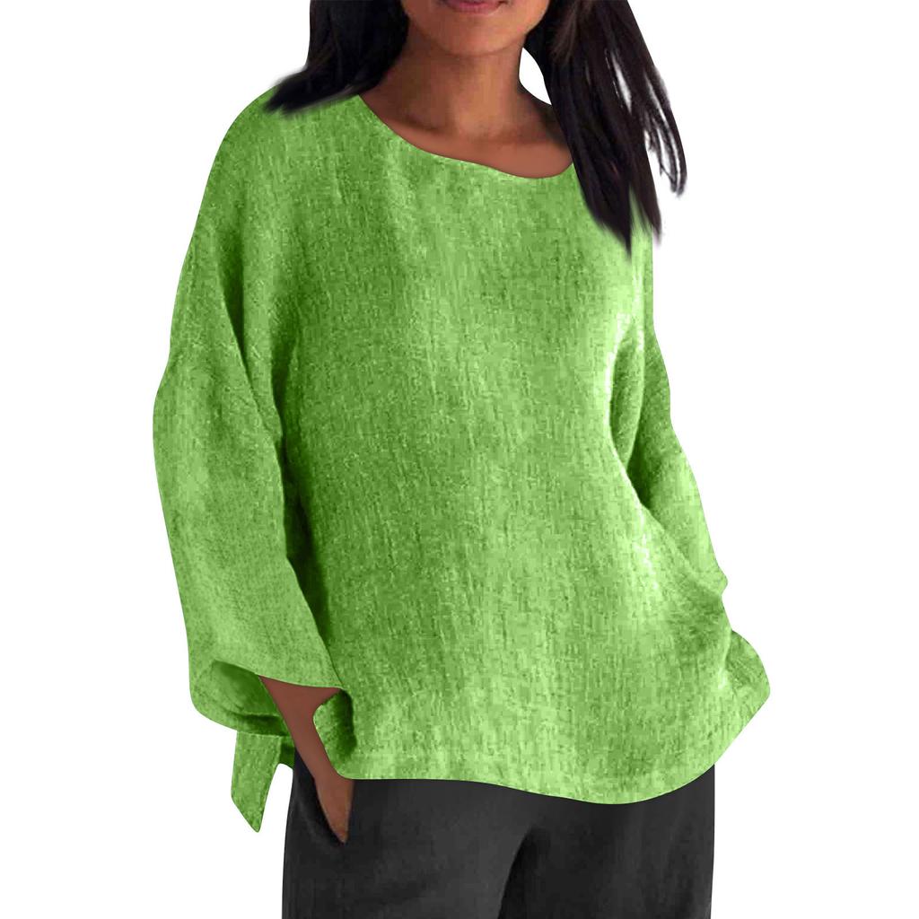 Long Sleeved Round Neck Solid Color Top Cotton and Linen Women’s Blouses & Shirts