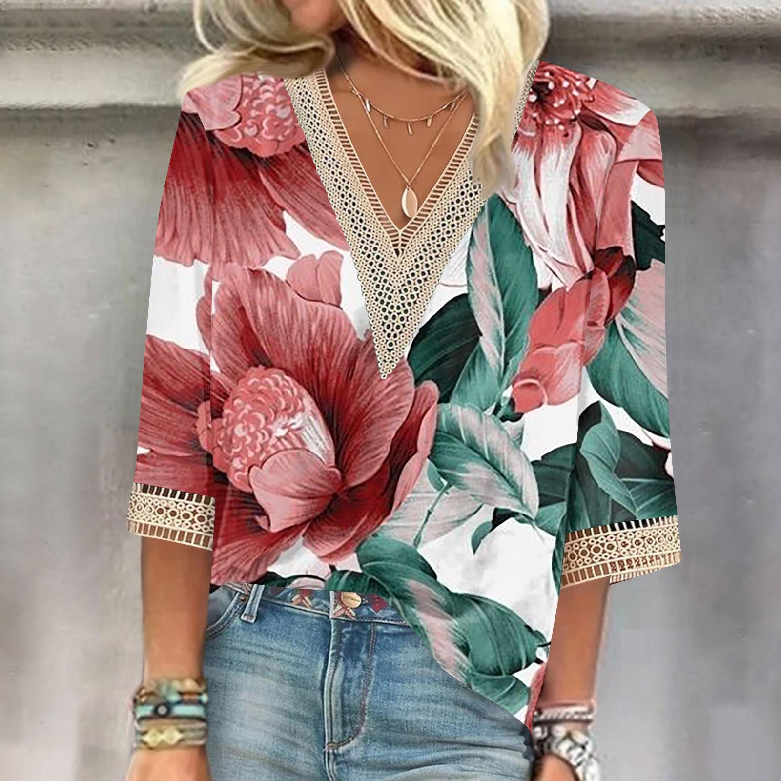 

Женская рубашка-блузка Повседневные свободные рубашки с рукавами 3/4 и кружевной отделкой Топы с V-образным вырезом и принтом Топы с принтом Футболки XL