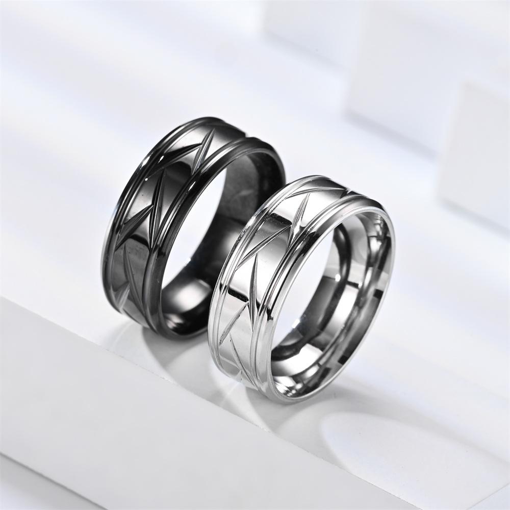 Fashion Men’s Silver Color Black Stainless Steel Ring Groove Multi-Faceted Ring for Men Women Engagement Ring Anniversary Gifts