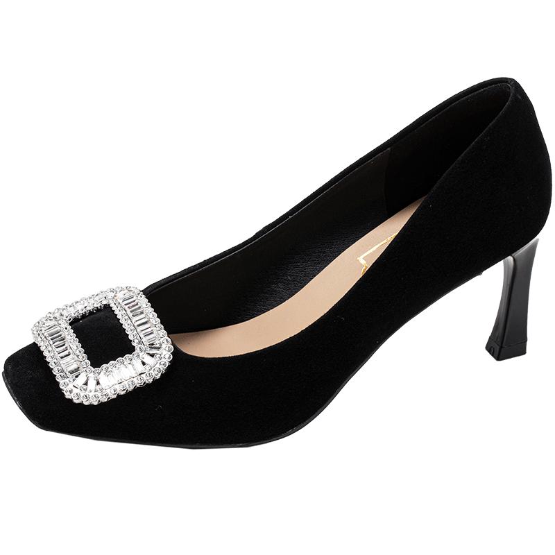 COMELY Women's Square Buckle Rhinestone Stiletto Heels
