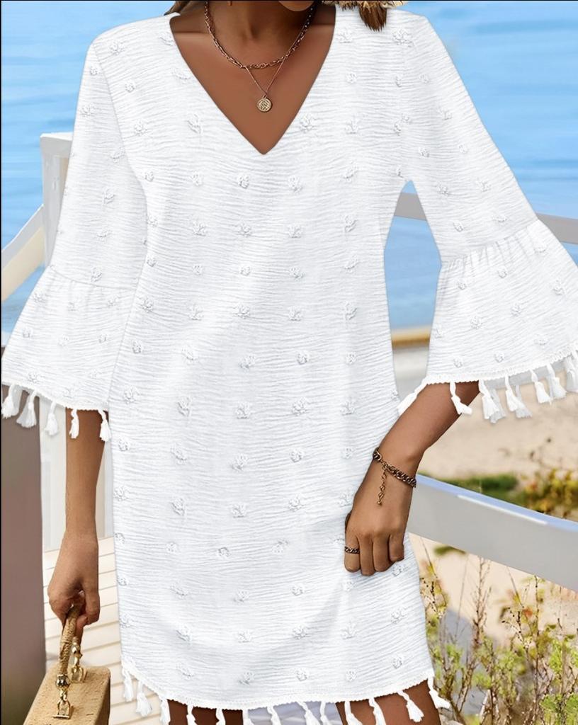 New, spring and summer solid color simple v-neck medium sleeve loose fringed dress women