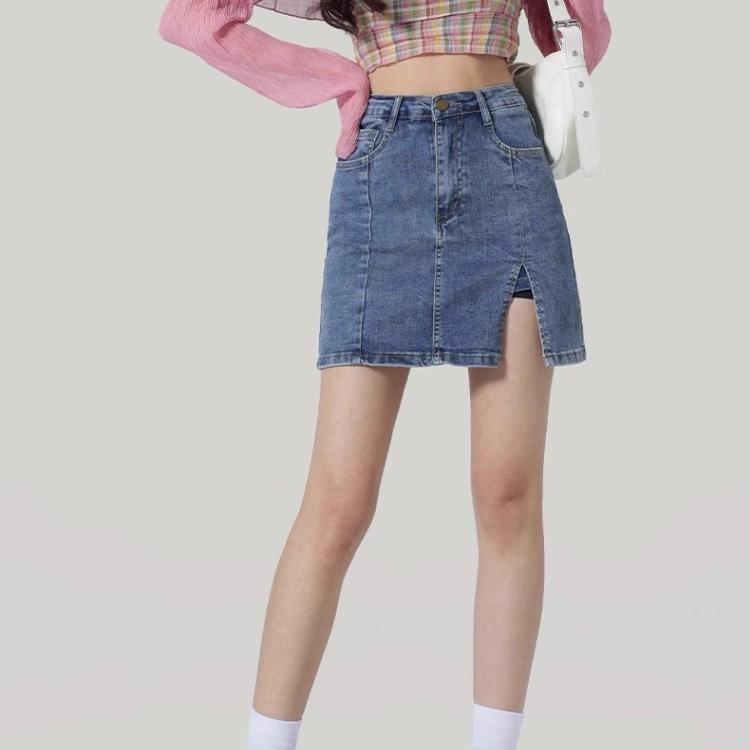 

High-Waisted Denim A-Line Midi Skirt with Slit S