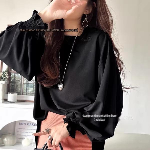 Шифоновая блузка с длинным рукавом в корейско-японском стиле для всех сезонов One Size чёрный