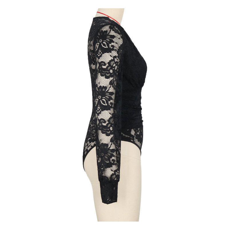 Spring Autumn Women's Jumpsuit Lace Sexy Black Long Sleeve Jumpsuit