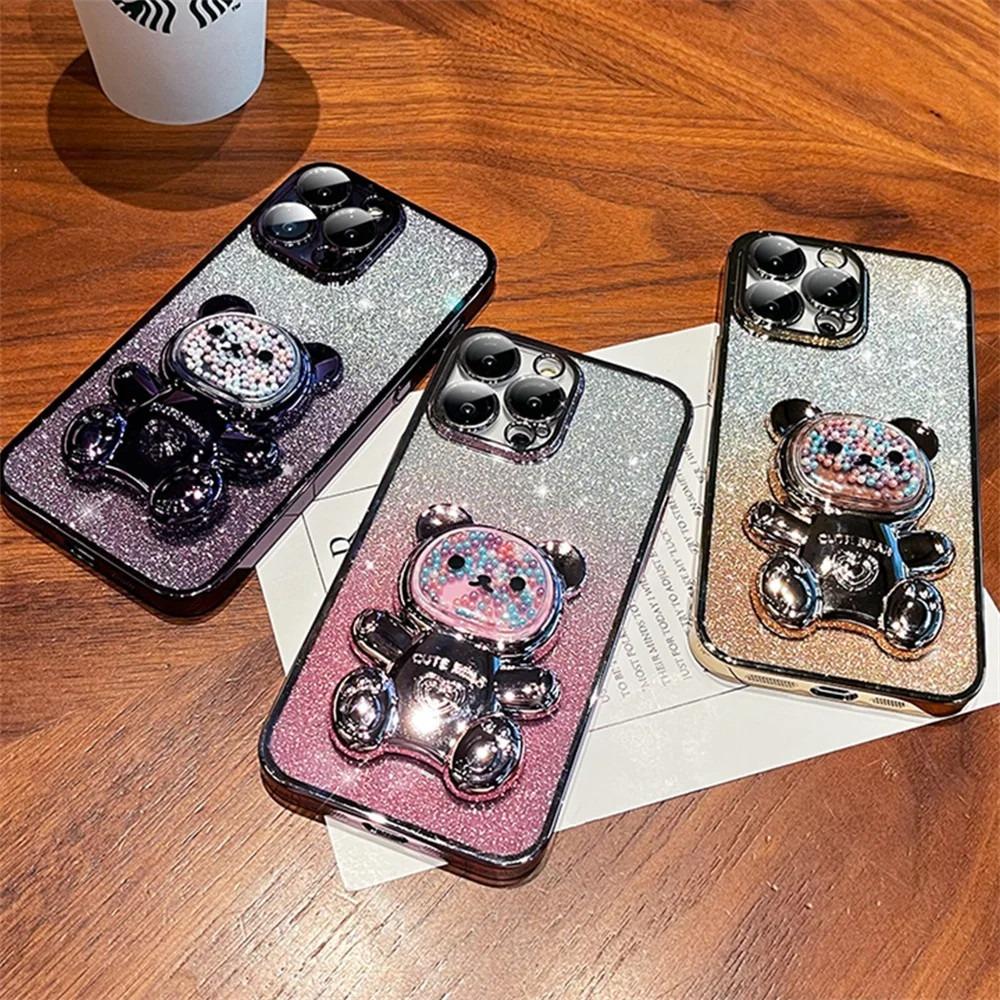 For Xiaomi 17T Pro Case with Gradient 3D Bear Folding Stand Bracket Luxury Slim Plating Glitter Girls for Xiaomi 17T Back Cover