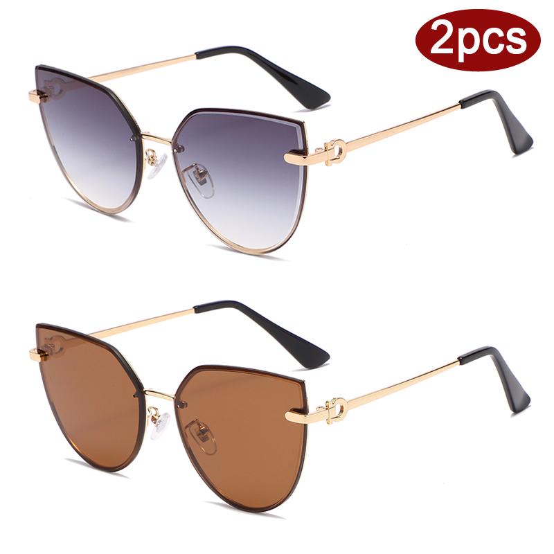 2pcs Women Metal Large Cat Eye Sunglasses Fashion Female Gradient Color Sun Glasses Outdoor UV Protection Design Eyeglasses