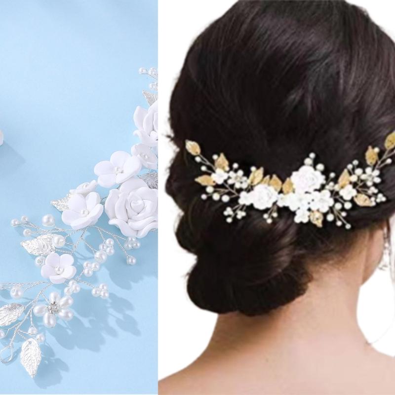 Elegant Artficial Pearls Flower Hair Vine Bridal Flower Hairband For Wedding Bride Bridesmaid And Flower Girl Photography