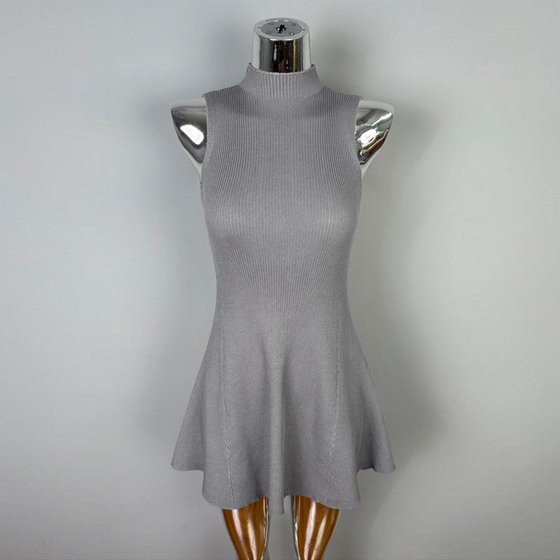 Korean Dongdaemun High Neck Sleeveless Knit Dress - Sexy Slim Fit Waist-Cinched Short Skirt One Size серый