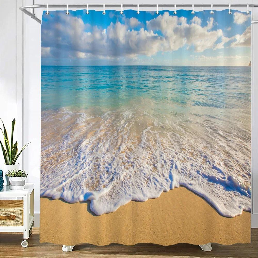 3d Printing Sea View Beach Shell Sea Surf Shower Curtains  Bathroom Curtain Waterproof Polyester Cloth With Hook Bath Home Decor