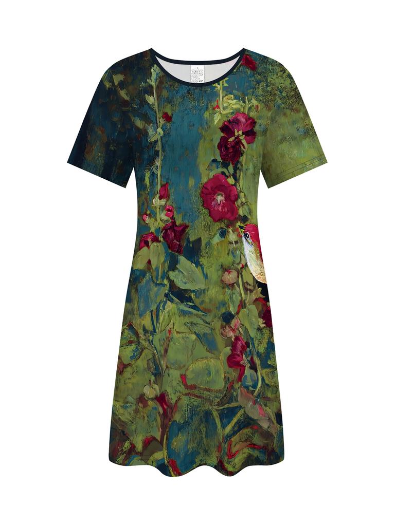 2D Printed Elegant And Fashionable Abstract Painting Tie-Dye Gradient Floral Plant Leaves Animal Bird Graphic All-Over Breathable Round Neck Short Sle