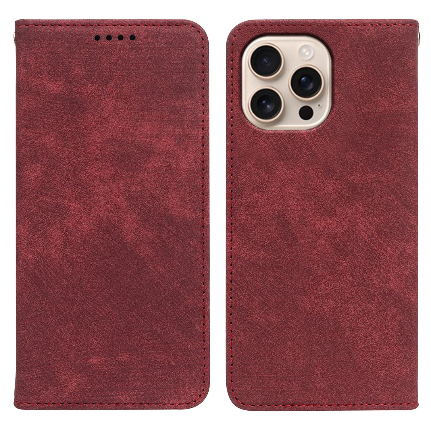 

For iPhone 16 Pro Case Strong Magnetic Leather Wallet Phone Cover with Striped Texture Red